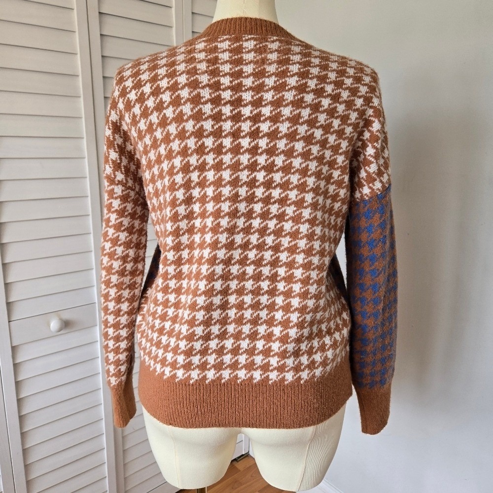 Brown & Blue Mixed Houndstooth Knit Cardigan Size L Cozy Soft Preppy Retro Fall - Picture 6 of 9